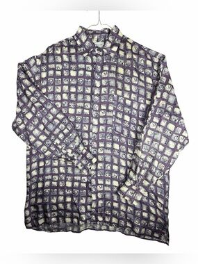 Vintage CEZAR Men's 100% Silk Woven Mosaic Geometric Purple White Long Sleeve L